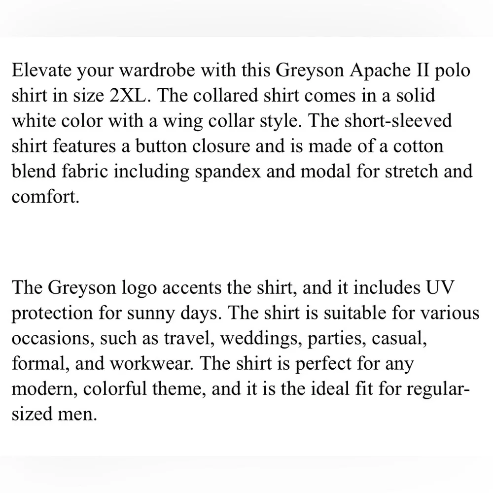 Greyson Golf Shirt Polo Apache II XXL White Cotton Modal Spandex